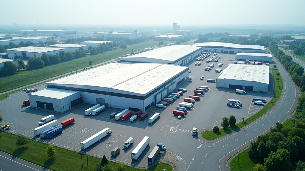 Drohnenaufnahme eines großen Logistik-Areals mit mehreren modernen Gebäuden, Parkplätzen und Lastkraftwagenverkehr