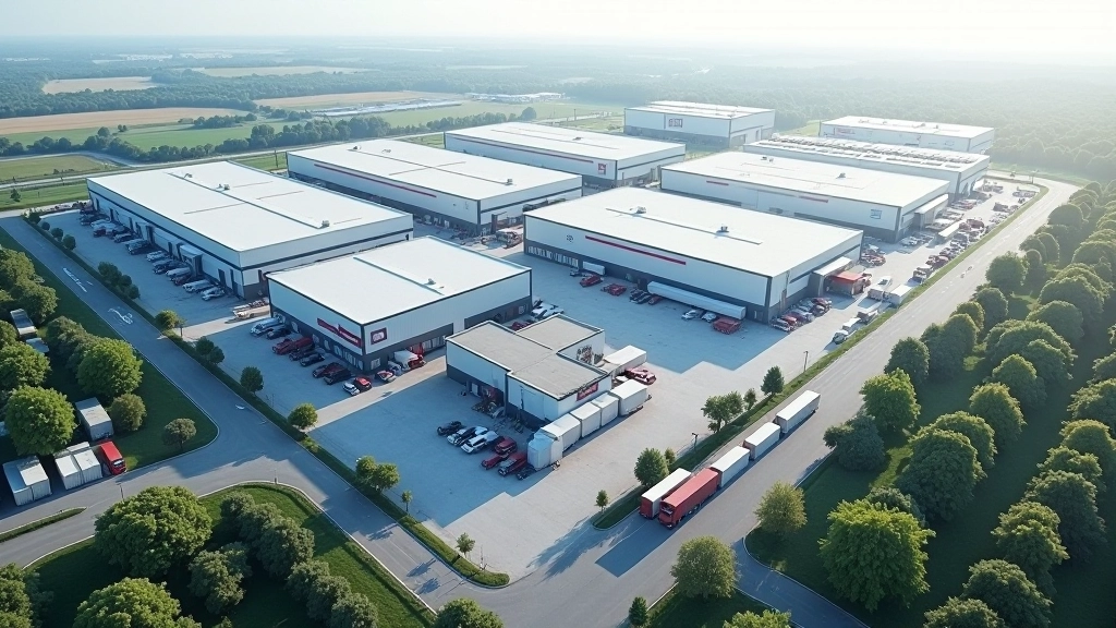 Luftaufnahme eines großen modernen Logistikzentrums mit Lagerhallen, Containerplätzen und geparkten Lastwagen in organisiertem Layout