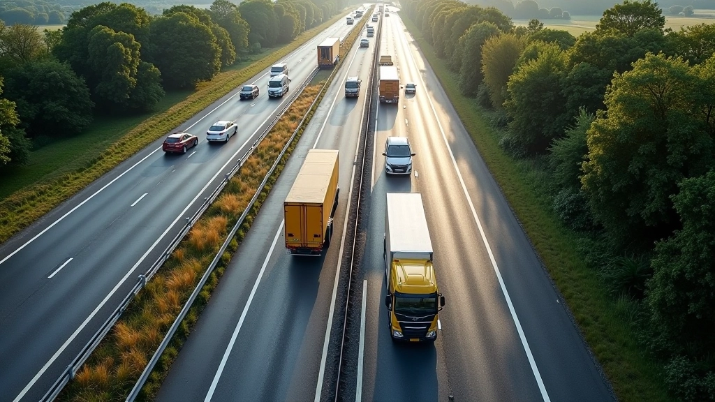 Luftaufnahme einer modernen Autobahnbaustelle mit Verkehrsumleitungen, Baumaschinen und neu asphaltierter Fahrbahn