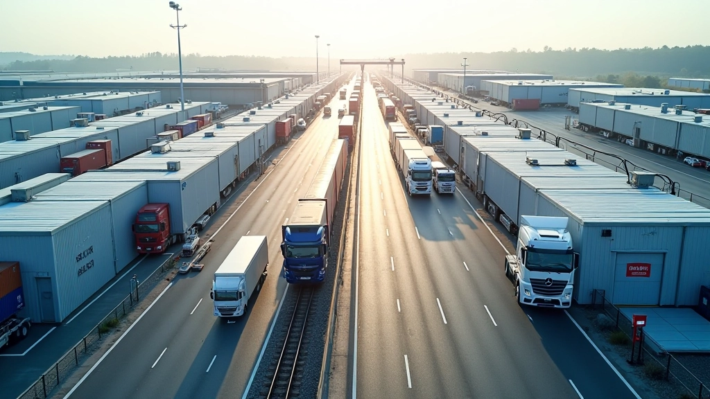 Modernes Logistik-Distributionszentrum, automatisierte Lagerhallen, Containerumschlag, Logistik-Hub von oben