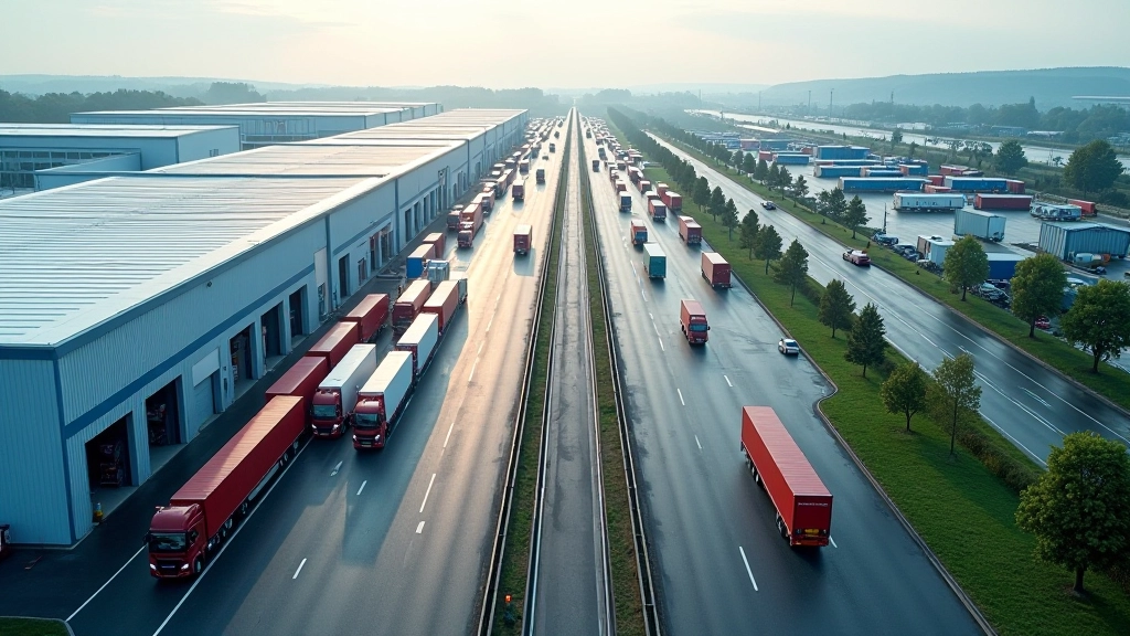 Luftaufnahme eines modernen Logistik-Verteilzentrums mit optimierter Lagerverwaltung und Zufahrtsstraßen
