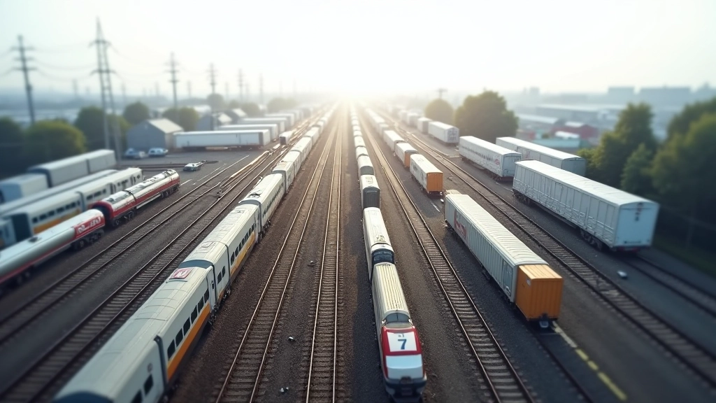 Luftaufnahme eines Bahnhofs mit mehreren Gleisen, modernem Design und elektrischer Infrastruktur, Hochwinkelansicht