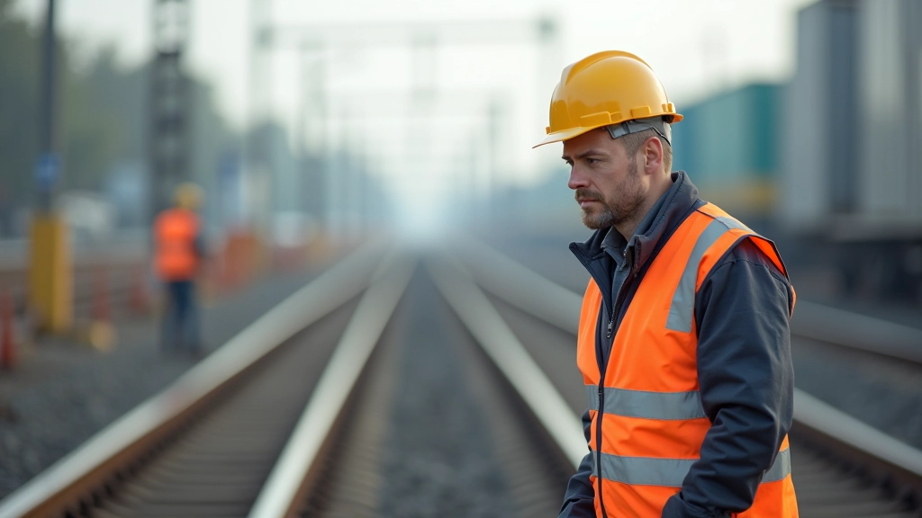 Arbeiter in Warnweste inspizieren Eisenbahngleise und Infrastruktur, Baustelle mit Geräten und Sicherheitsausrüstung