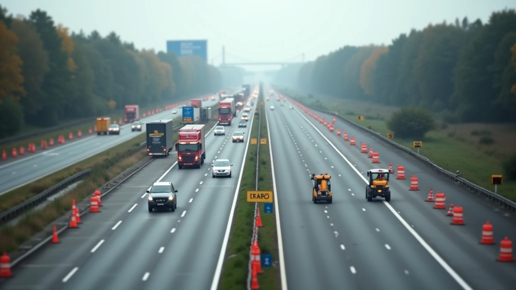 Breite Autobahn mit mehreren Spuren, Baustelle mit Verkehrsleitkegel und Bauzonen, moderne Infrastrukturentwicklung