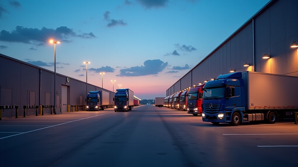 Übersicht eines Logistik-Hubs mit mehreren Lkw an Ladestationen, bei Dämmerung mit Künstlichbeleuchtung
