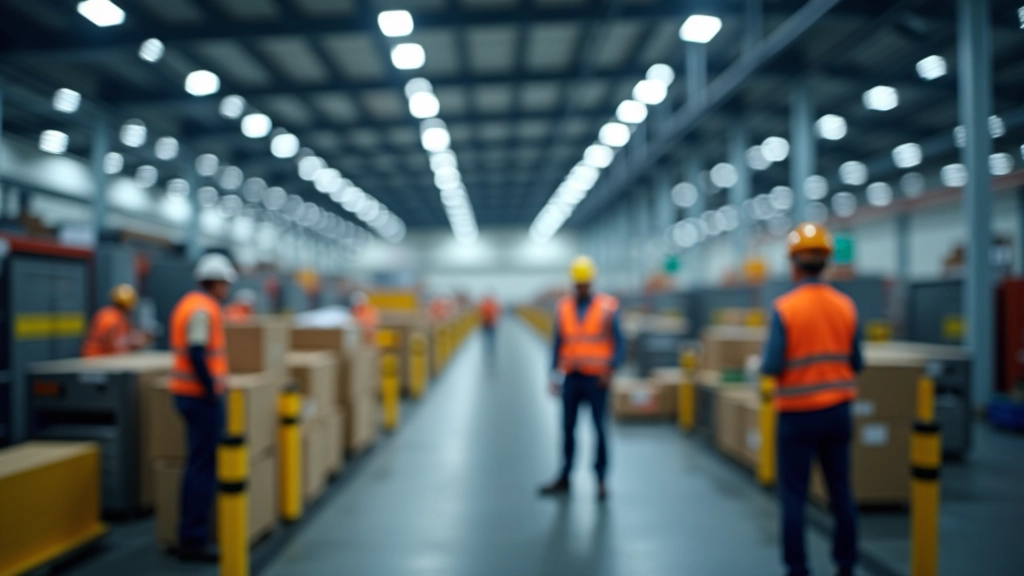 Innenaufnahme eines großen Logistik-Hubs mit automatisierten Sortiersystemen, Förderband und Arbeitern in Sicherheitskleidung