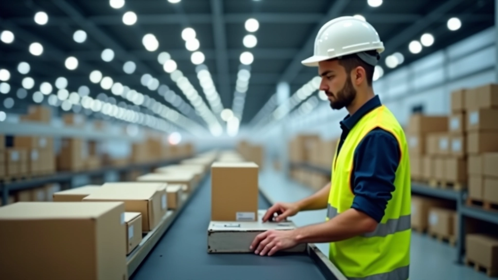 Arbeiter in modernem Logistik-Hub bei der Paketverarbeitung, mit Förderbändern und automatisierten Sortieranlagen im Hintergrund