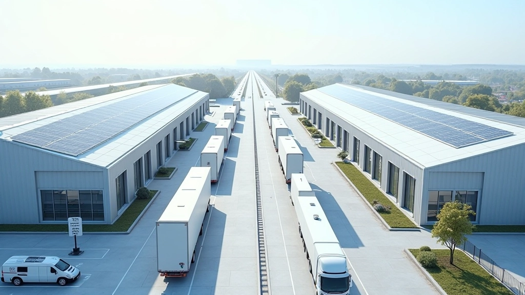 Konzeptualisierte Zukunfts-Ansicht eines hochmodernen Logistik-Hubs mit Drohnen, autonomen Fahrzeugen und grüner Infrastruktur