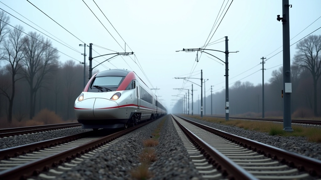 Moderne Eisenbahnstrecke mit Hochgeschwindigkeitszug, Gleise und elektrische Oberleitung unter bewölktem Himmel
