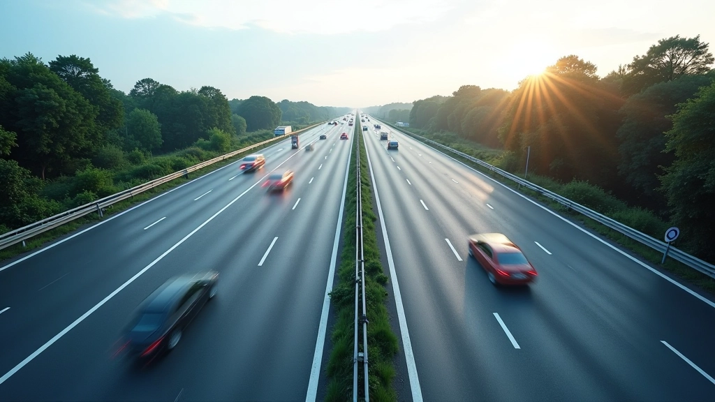 Moderne Autobahninfrastruktur mit mehrspurigen Fahrbahnen und intelligenter Verkehrsleittechnik