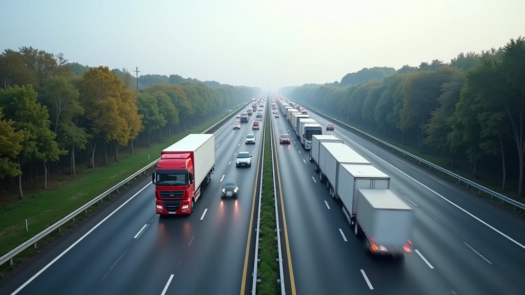 Moderner Autobahn-Verkehrsstrom mit Lastkraftwagen und PKW während Stoßzeit, mehrspurig, gutes Wetter, klare Sicht, symbolisiert funktionierendes Transportnetz