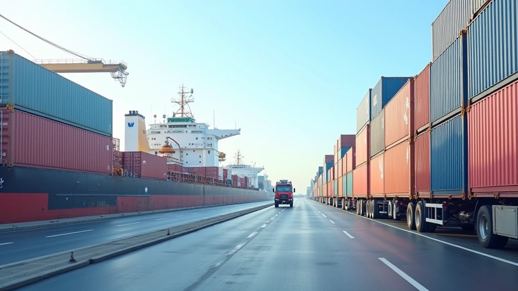 Hafenanlage mit Containerstack, Frachtschiff und Lastwagen, Güterumschlag in modernem Logistikzentrum