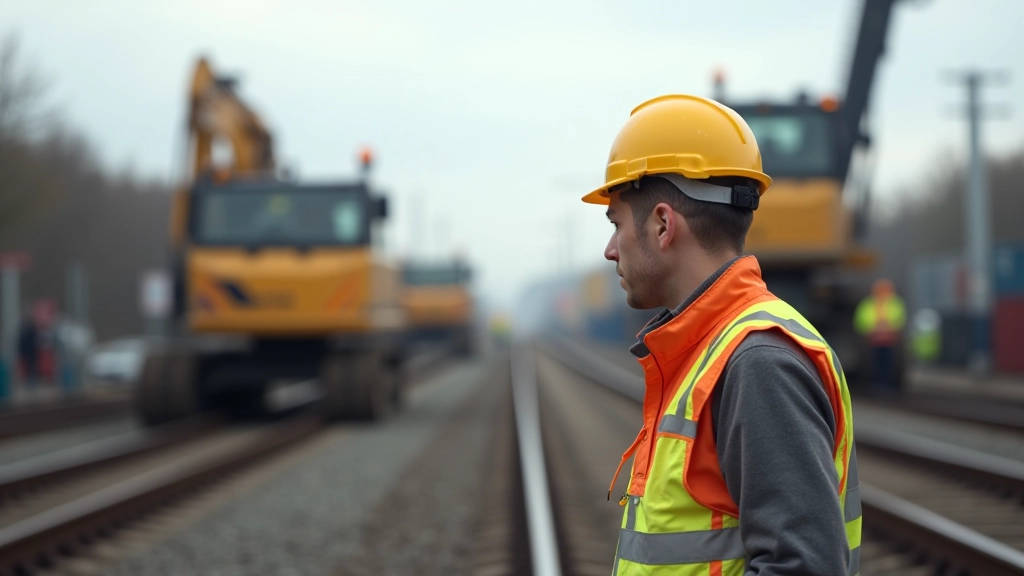 Baustelle an Eisenbahnstrecke mit Baggern, Gerüsten und Arbeitern, moderne Baumaschinen in Aktion
