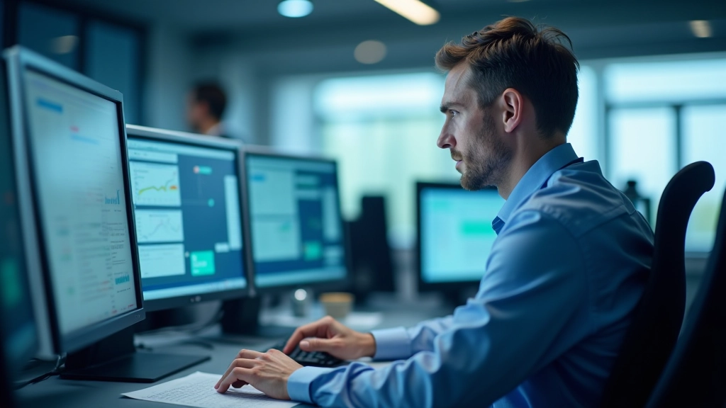 Moderne digitale Leitstelle mit Bildschirmen und Kontrollpulten, Eisenbahn-Dispatcher bei der Arbeit, helle Beleuchtung