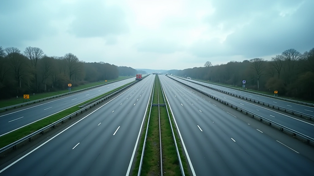 Moderne deutsche Autobahninfrastruktur mit mehrspuriger Fahrbahn, Verkehrsleitkegel und Bauarbeiten unter bewölktem Himmel