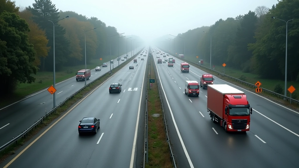 Breite Autobahn mit Baustelle, Umleitungsschilder, Verkehrsverdichtung und Stau durch Spurreduktion, zeigt Herausforderungen bei Infrastrukturarbeit